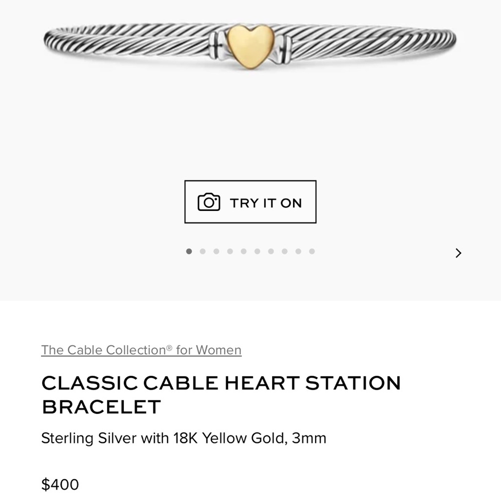 David Yurman Sterling Silver Cable Bracelet with 18K Yellow Gold Heart